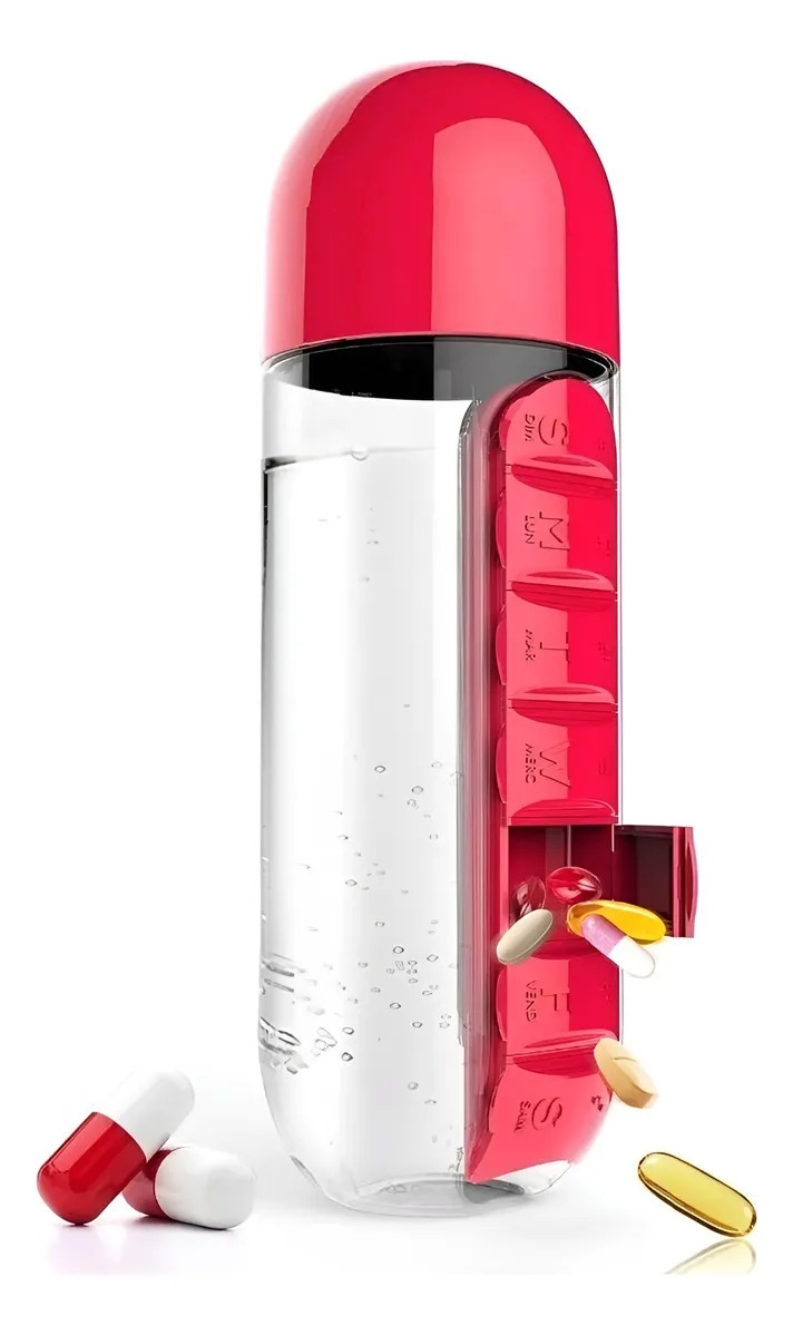 BOTELLA DE AGUA 600ML CON PASTILLERO SEMANAL INTEGRADO – 7 DÍAS, LIBRE DE BPA - 1