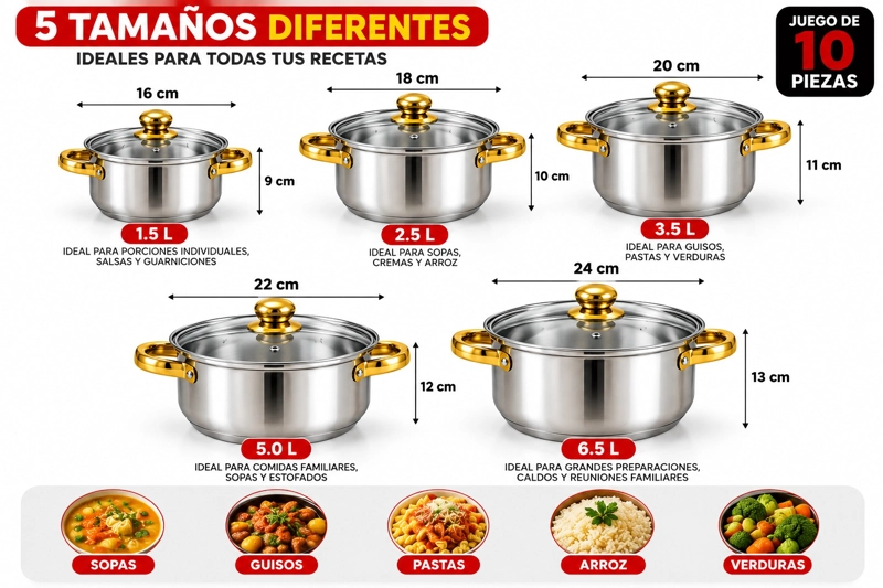 OLLAS ACERO INOXIDABLE JUEGO 10 PIEZAS CON TAPAS - 2