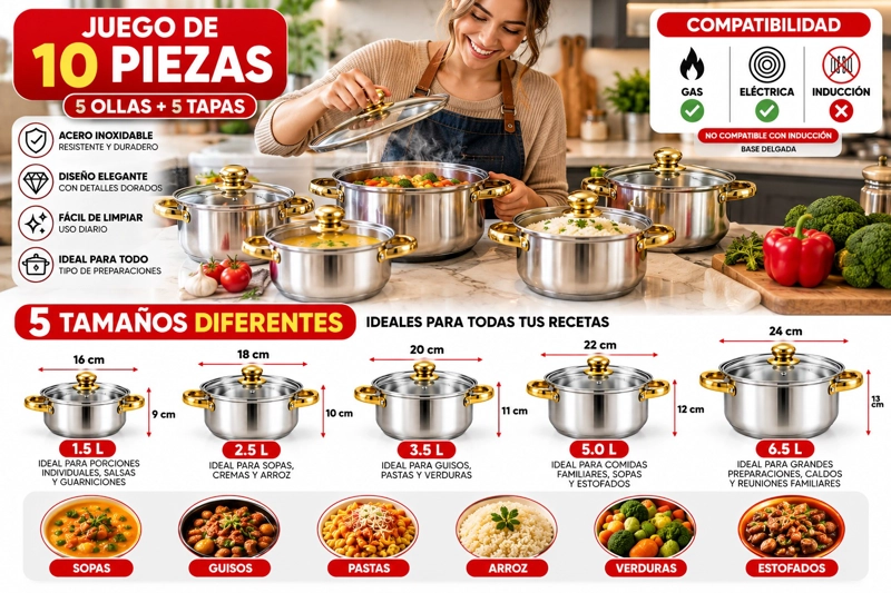 OLLAS ACERO INOXIDABLE JUEGO 10 PIEZAS CON TAPAS - 3
