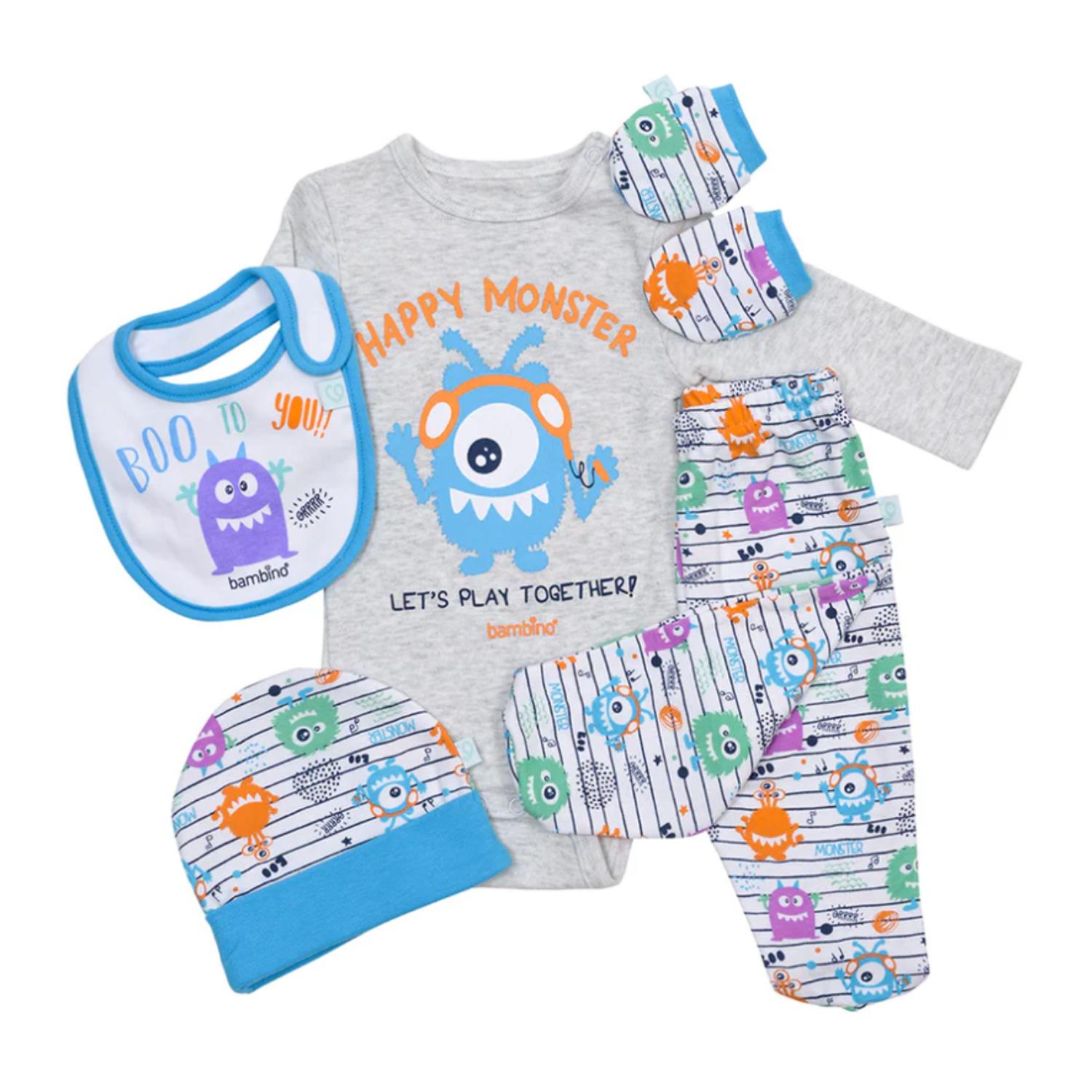 SET AJUAR ALGODON NIÑA BAMBINO GRIS DE REGALO 5 PIEZAS BABY GIFT MONSTERS - 1