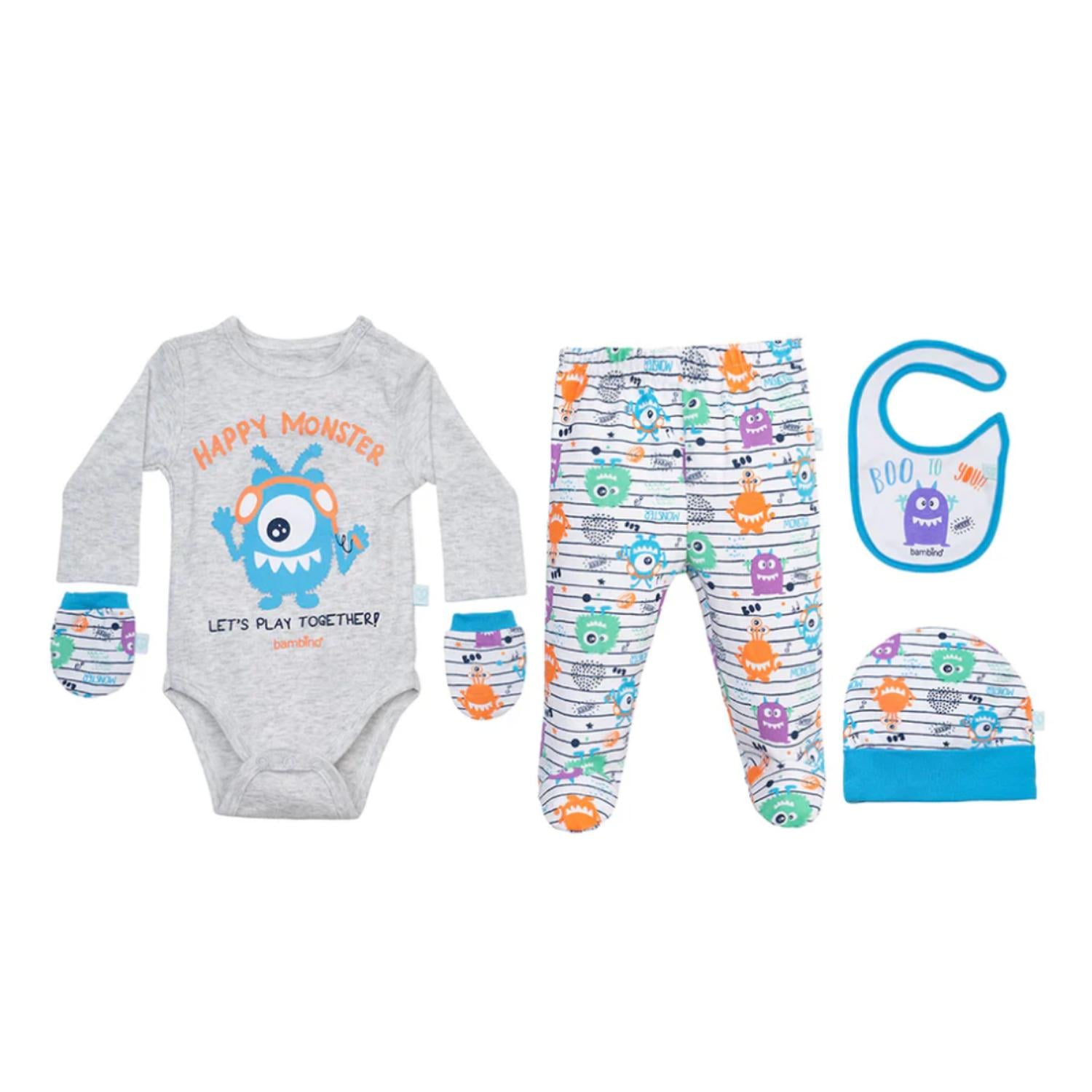 SET AJUAR ALGODON NIÑA BAMBINO GRIS DE REGALO 5 PIEZAS BABY GIFT MONSTERS - 2