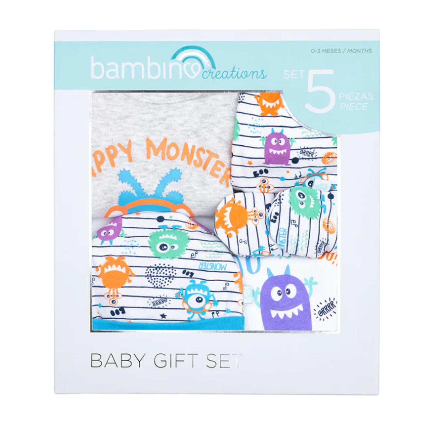 SET AJUAR ALGODON NIÑA BAMBINO GRIS DE REGALO 5 PIEZAS BABY GIFT MONSTERS - 3