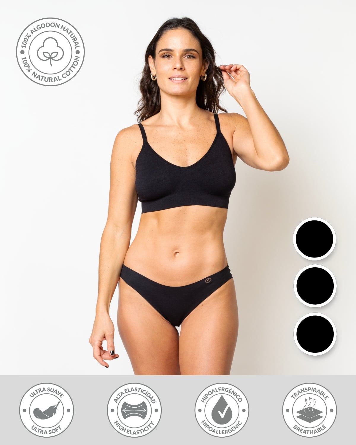 PACK 3 CALZÓN ALGODÓN MUJER UNICA LINGERIE NEGRO BIKINI HYDROFLEX SIN DEMARCACIÓN - 1