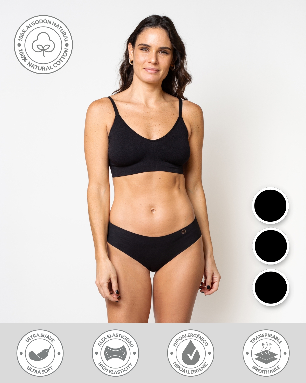 PACK 3 CALZÓN ALGODÓN MUJER UNICA LINGERIE NEGRO PANTALETA HYDROFLEX SIN DEMARCACIÓN - 1