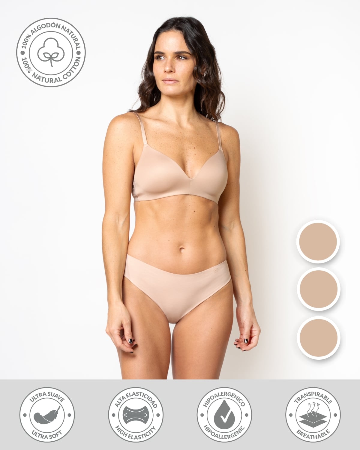 PACK 3 CALZÓN ALGODÓN MUJER UNICA LINGERIE BEIGE PANTALETA HYDROFLEX SIN DEMARCACIÓN - 1