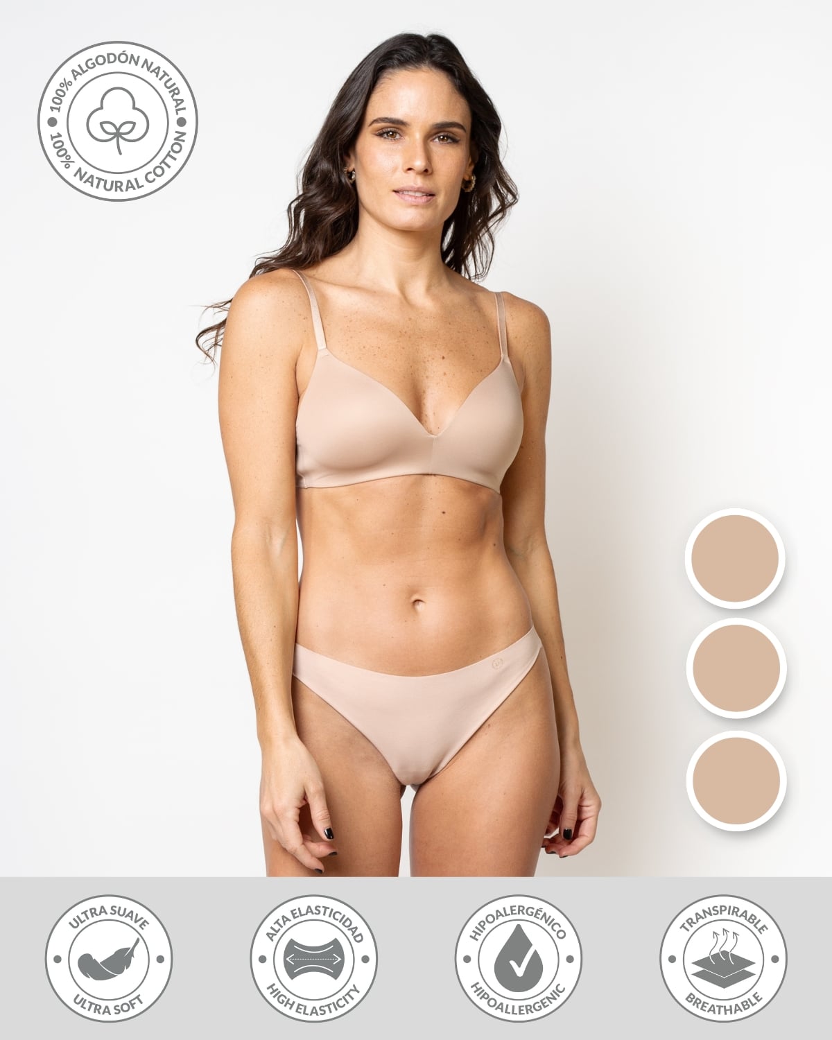 PACK 3 CALZÓN ALGODÓN MUJER UNICA LINGERIE BEIGE COLALESS HYDROFLEX SIN DEMARCACIÓN - 1