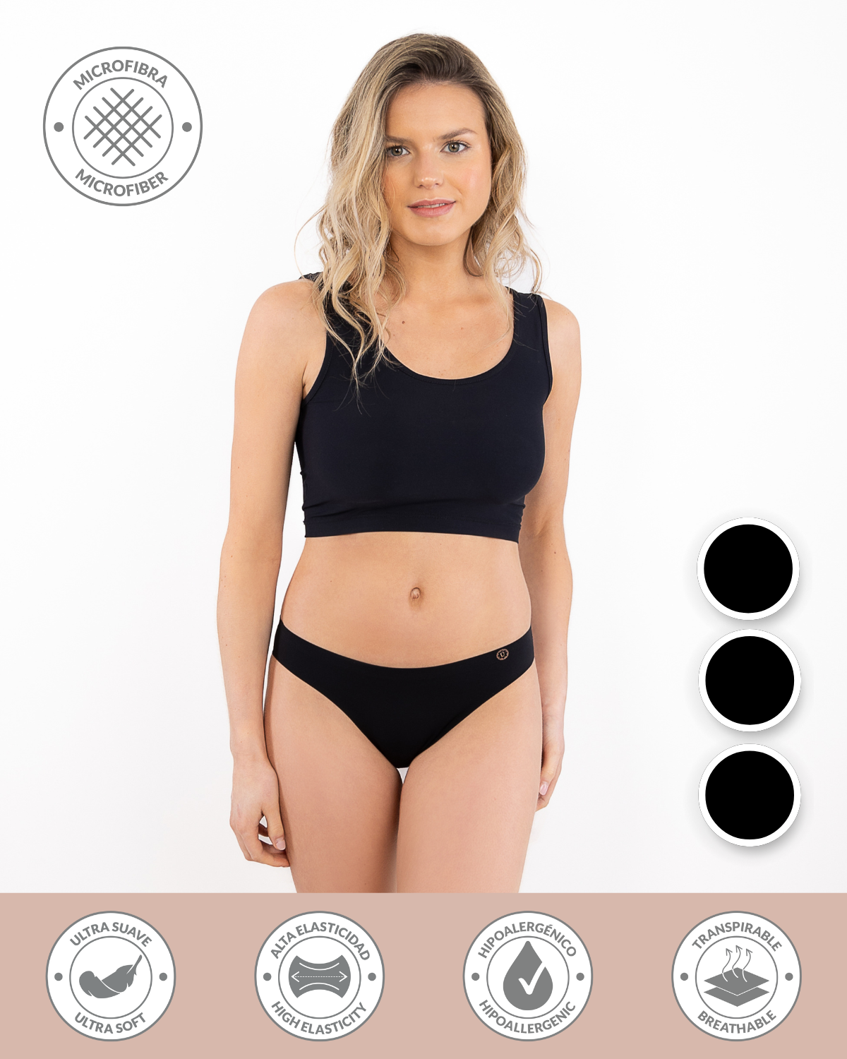PACK 3 CALZÓN MICROFIBRA MUJER UNICA LINGERIE NEGRO BIKINI SILKDRY FLEX SIN DEMARCACIÓN - 1