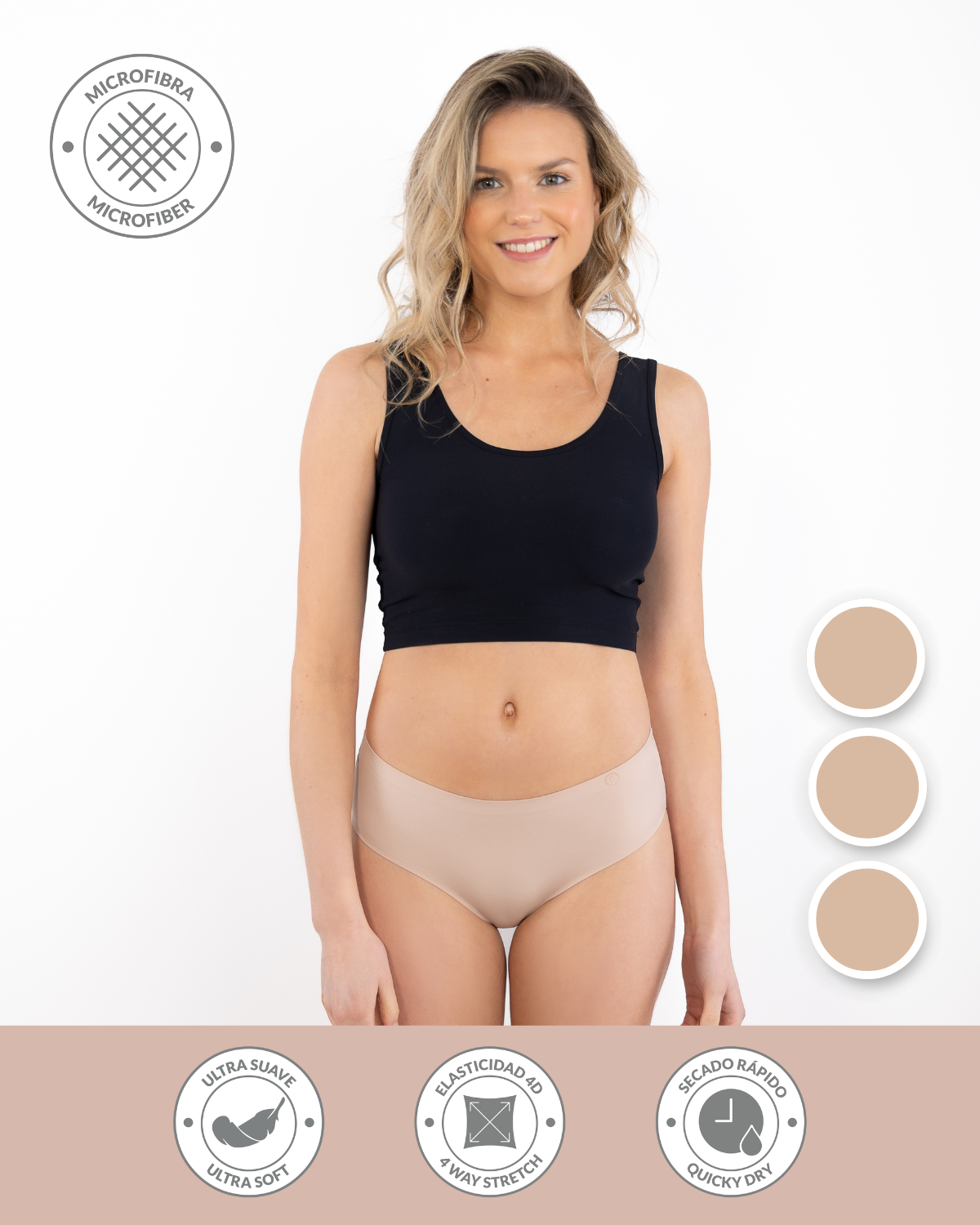 PACK 3 CALZÓN MICROFIBRA MUJER UNICA LINGERIE BEIGE PANTALETA SILKDRY FLEX SIN DEMARCACIÓN - 1