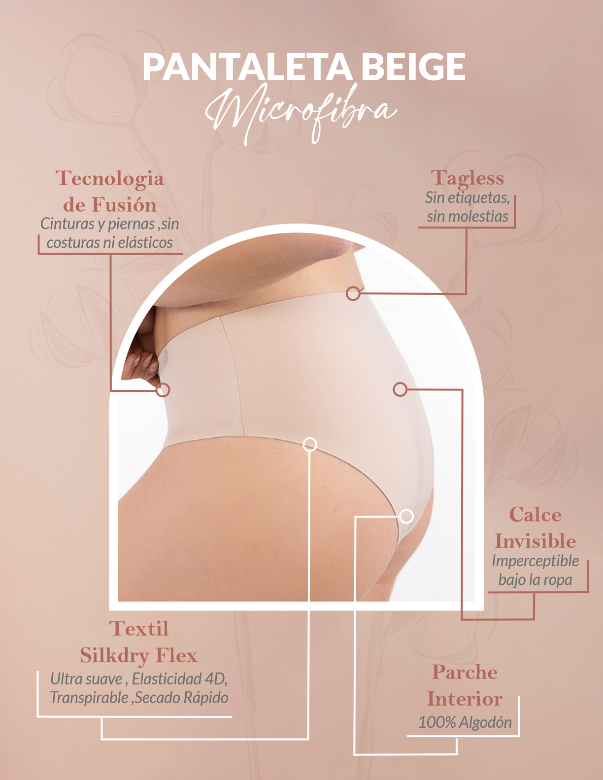 PACK 3 CALZÓN MICROFIBRA MUJER UNICA LINGERIE BEIGE PANTALETA SILKDRY FLEX SIN DEMARCACIÓN - 3