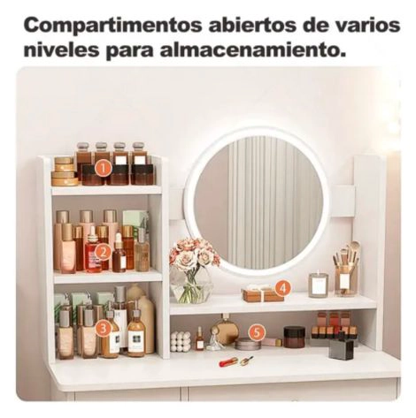 TOCADOR CON ESPEJO Y LUZ LED - PEINADORA MODERNA DE MELAMINA EN COLOR BLANCO - 3