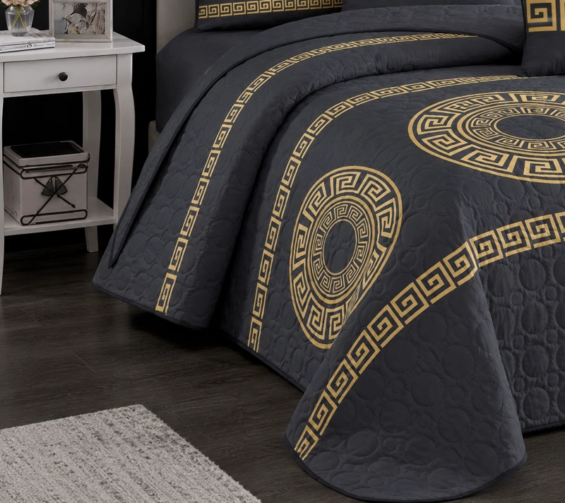 COBERTOR QUILT DE VERANO 2 PLAZAS CUBRECAMAS COLOR GRIS PLOMO CON PATRONES DORADOS - 3