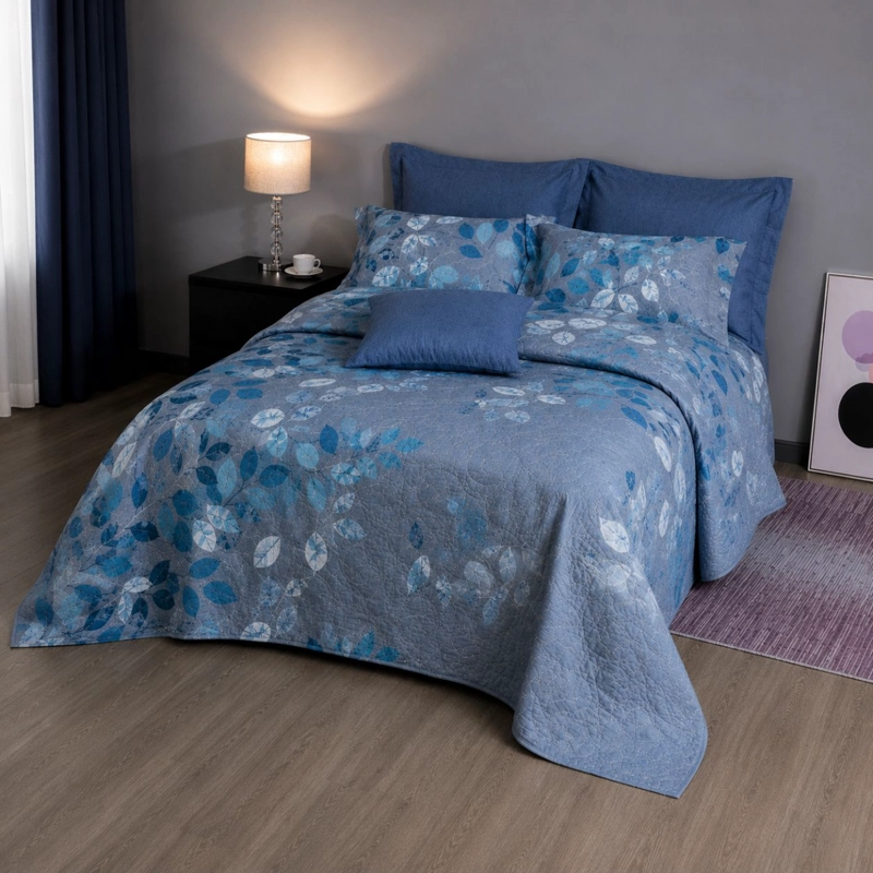 COBERTOR QUILT DE VERANO 2 PLAZAS CUBRECAMAS AZUL CON DISEÑO DE HOJAS - 2