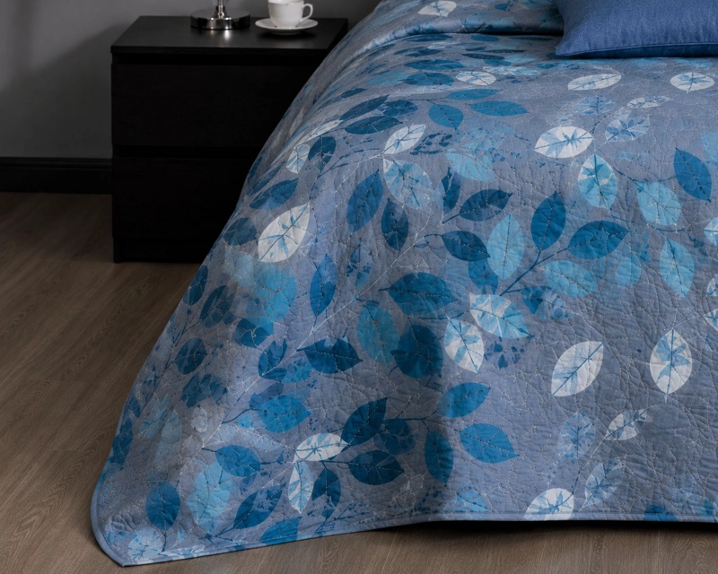 COBERTOR QUILT DE VERANO 2 PLAZAS CUBRECAMAS AZUL CON DISEÑO DE HOJAS - 3