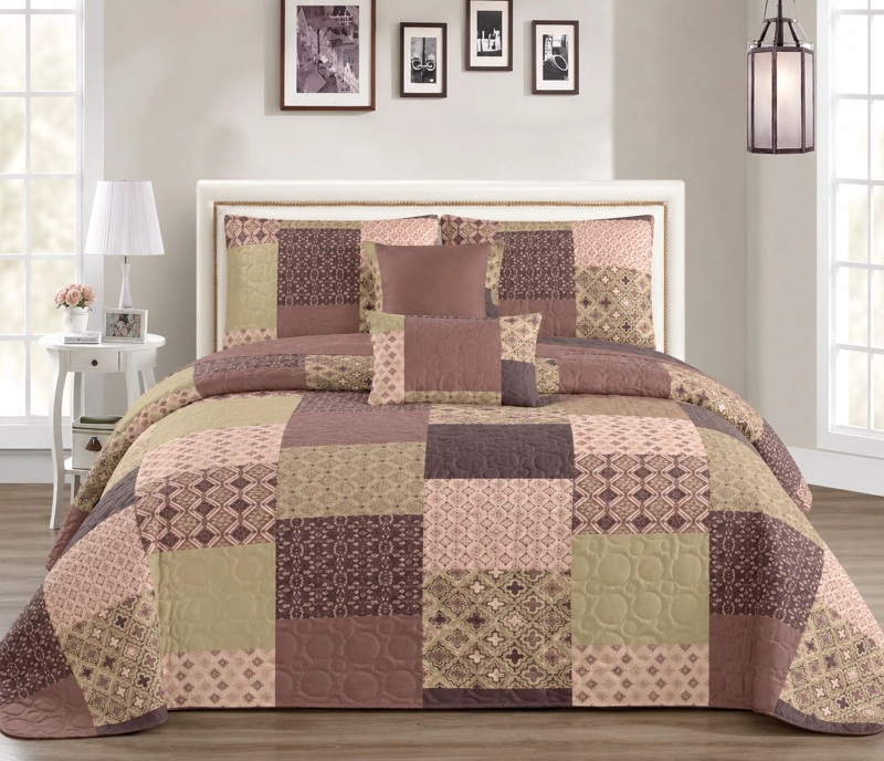 COBERTOR QUILT DE VERANO 2 PLAZAS CUBRECAMAS PALO ROSA Y BEIGE DISEÑO DE CUADROS - 1