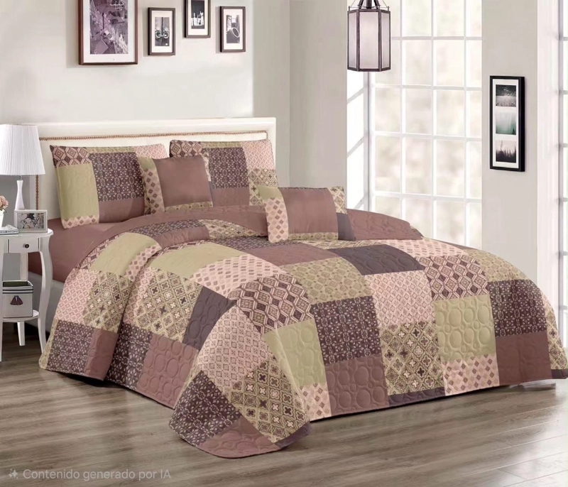 COBERTOR QUILT DE VERANO 2 PLAZAS CUBRECAMAS PALO ROSA Y BEIGE DISEÑO DE CUADROS - 2