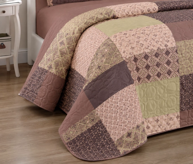 COBERTOR QUILT DE VERANO 2 PLAZAS CUBRECAMAS PALO ROSA Y BEIGE DISEÑO DE CUADROS - 3