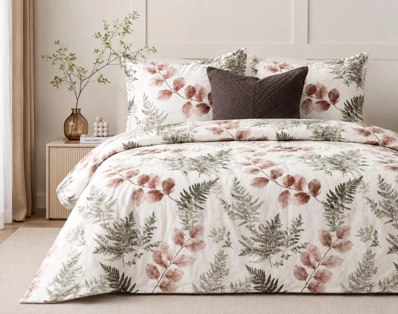 COBERTOR QUILT DE VERANO 2 PLAZAS CUBRECAMAS BLANCO CREMA CON DISEÑO DE HOJAS - 1