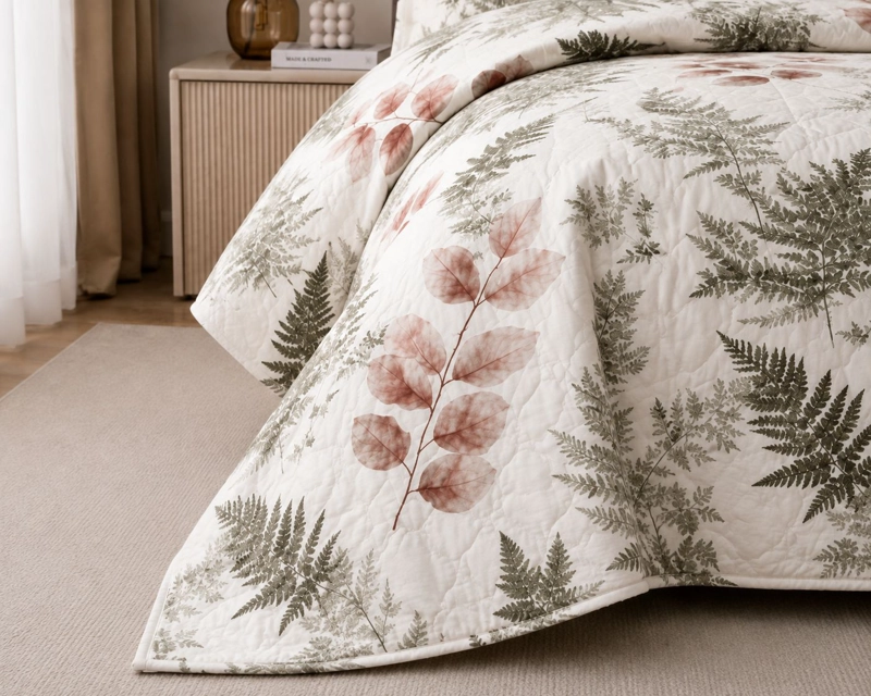 COBERTOR QUILT DE VERANO 2 PLAZAS CUBRECAMAS BLANCO CREMA CON DISEÑO DE HOJAS - 2