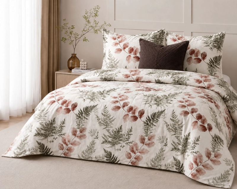 COBERTOR QUILT DE VERANO 2 PLAZAS CUBRECAMAS BLANCO CREMA CON DISEÑO DE HOJAS - 3