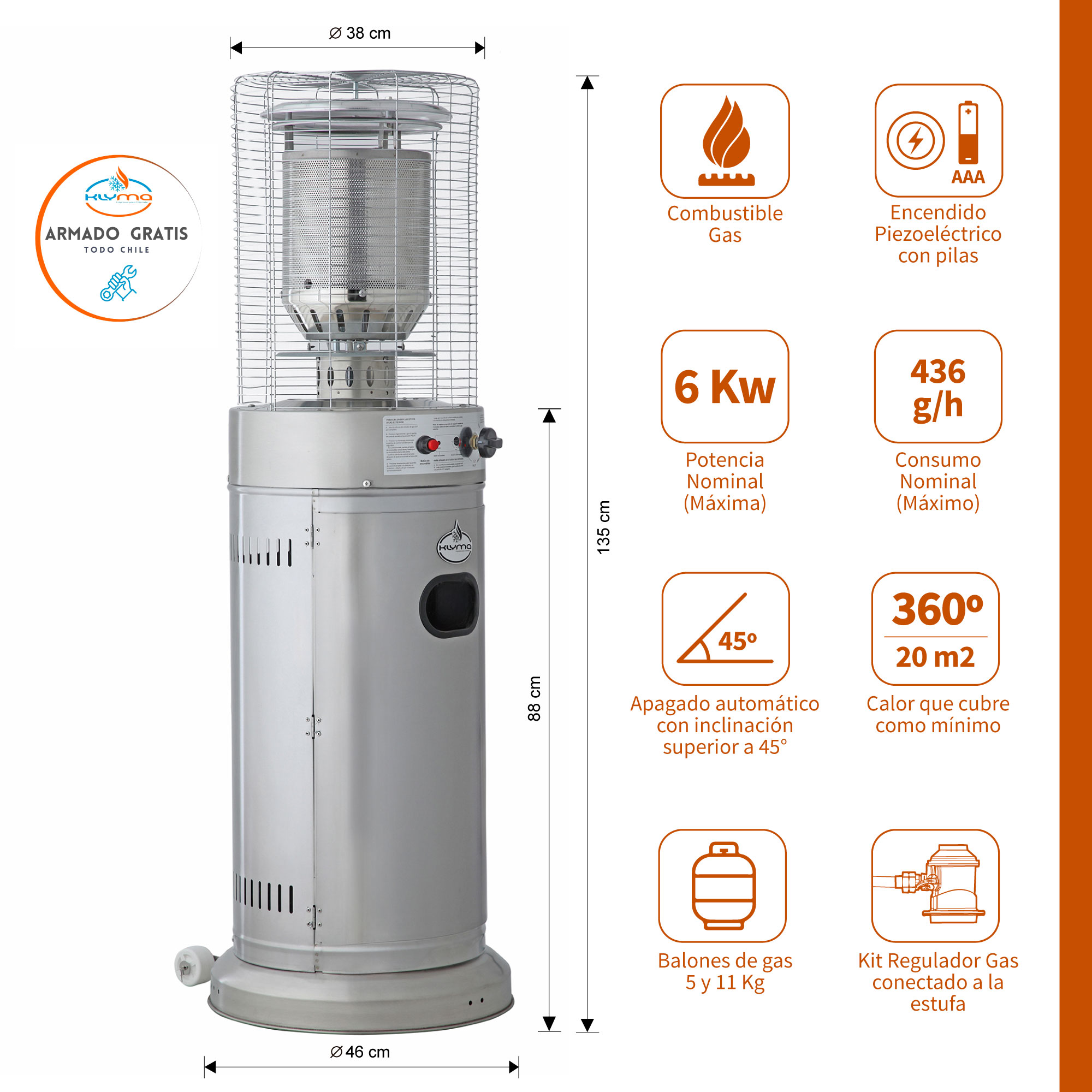 ESTUFA A GAS KLYMA EXTERIOR TERRAZA CILDRO LW INOX 1.35 METROS - 4