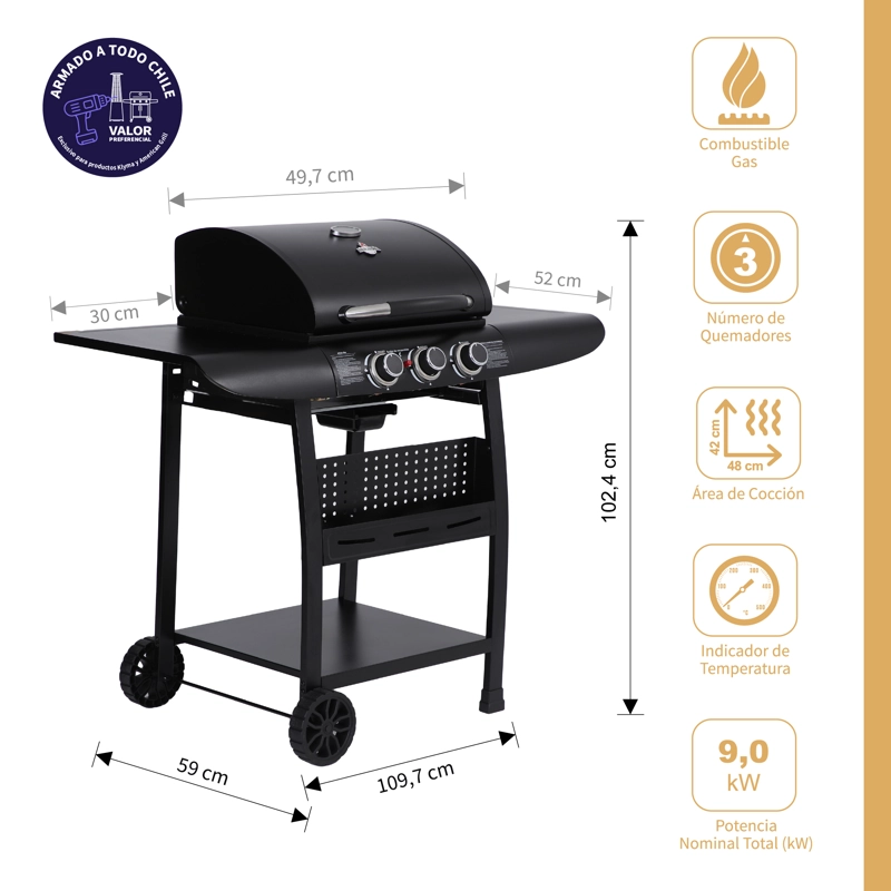 SET PARRILLA A GAS 3 QUEMADORES KANSAS BLACK + FUNDA M - 2