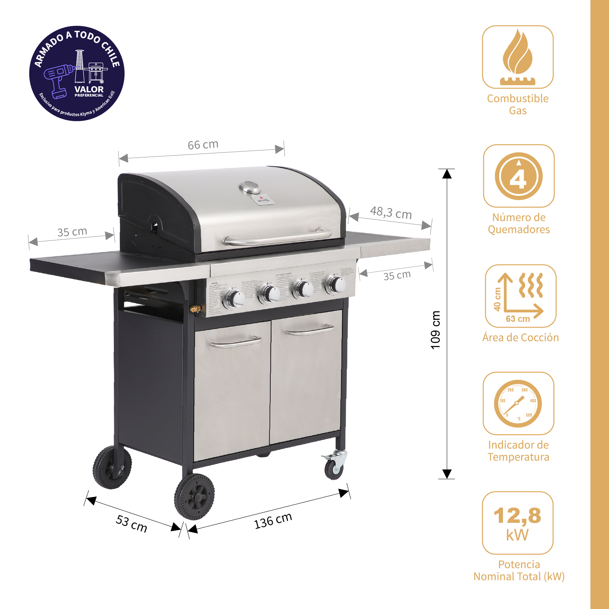 SET PARRILLA A GAS 4 QUEMADORES OREGON INOX + FUNDA - 3