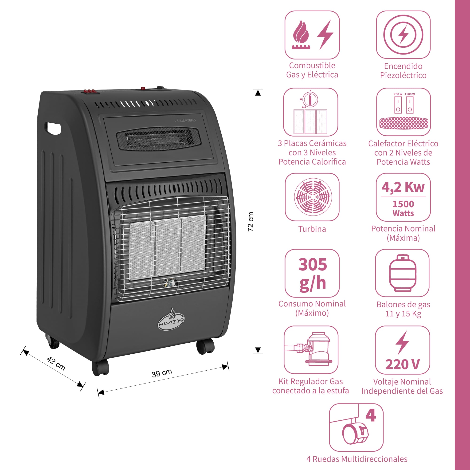 ESTUFA A GAS HIBRIDA 15 KG 4,2KW 1500W VARME HYBRID BLACK KLYMA - 3