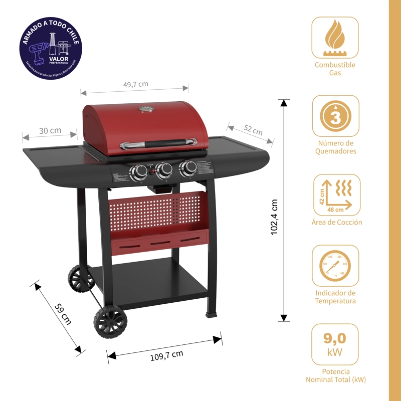 SET PARRILLA A GAS 3 QUEMADORES KANSAS RED + FUNDA S - 3
