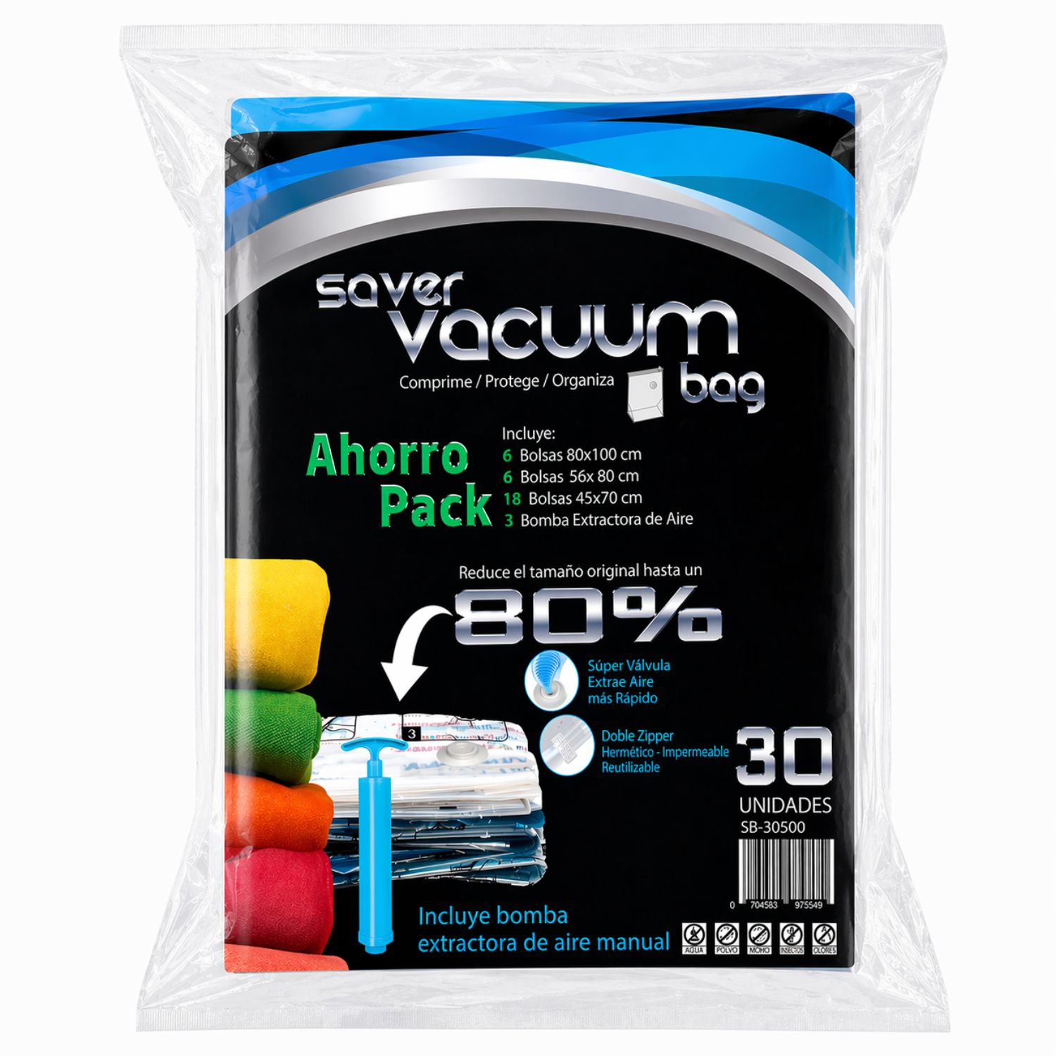 PACK AHORRO 30  BOLSAS AHORRA ESPACIO CON EXTRACTOR DE AIRE SVB - 1