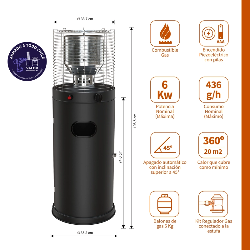 ESTUFA A GAS EXTERIOR CILDRO LW  BLACK  E106  + FUNDA - 2