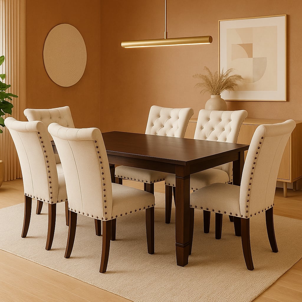 COMEDOR DE MADERA CON 6 SILLAS TAPIZ CAPITONÉ MODELO GRECIA BEIGE - 1