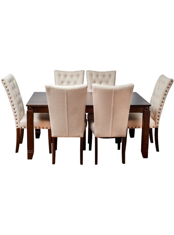 COMEDOR DE MADERA CON 6 SILLAS TAPIZ CAPITONÉ MODELO GRECIA BEIGE - 2