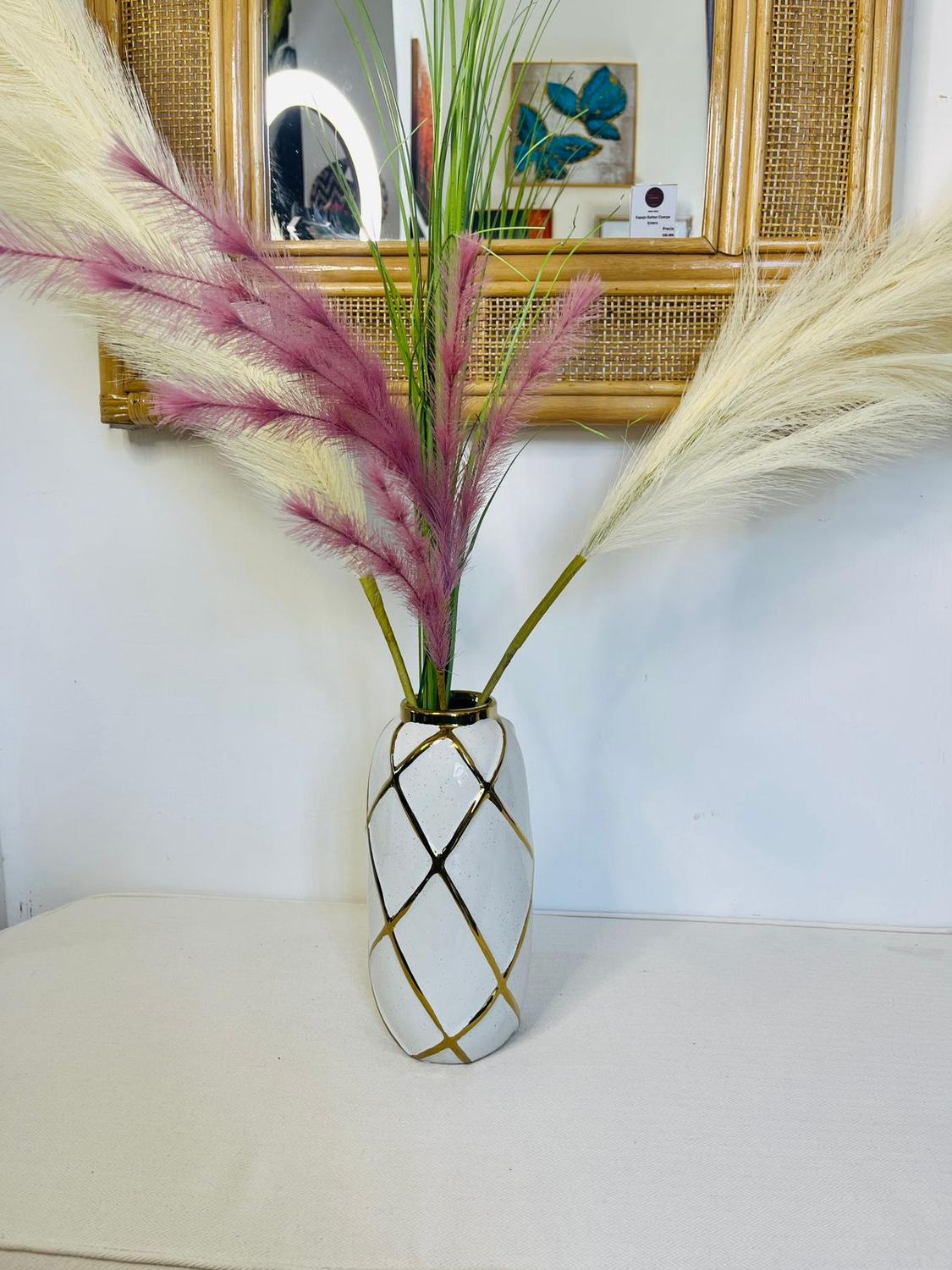FLORERO DE CERAMICA BLANCO CON DORADO - 4
