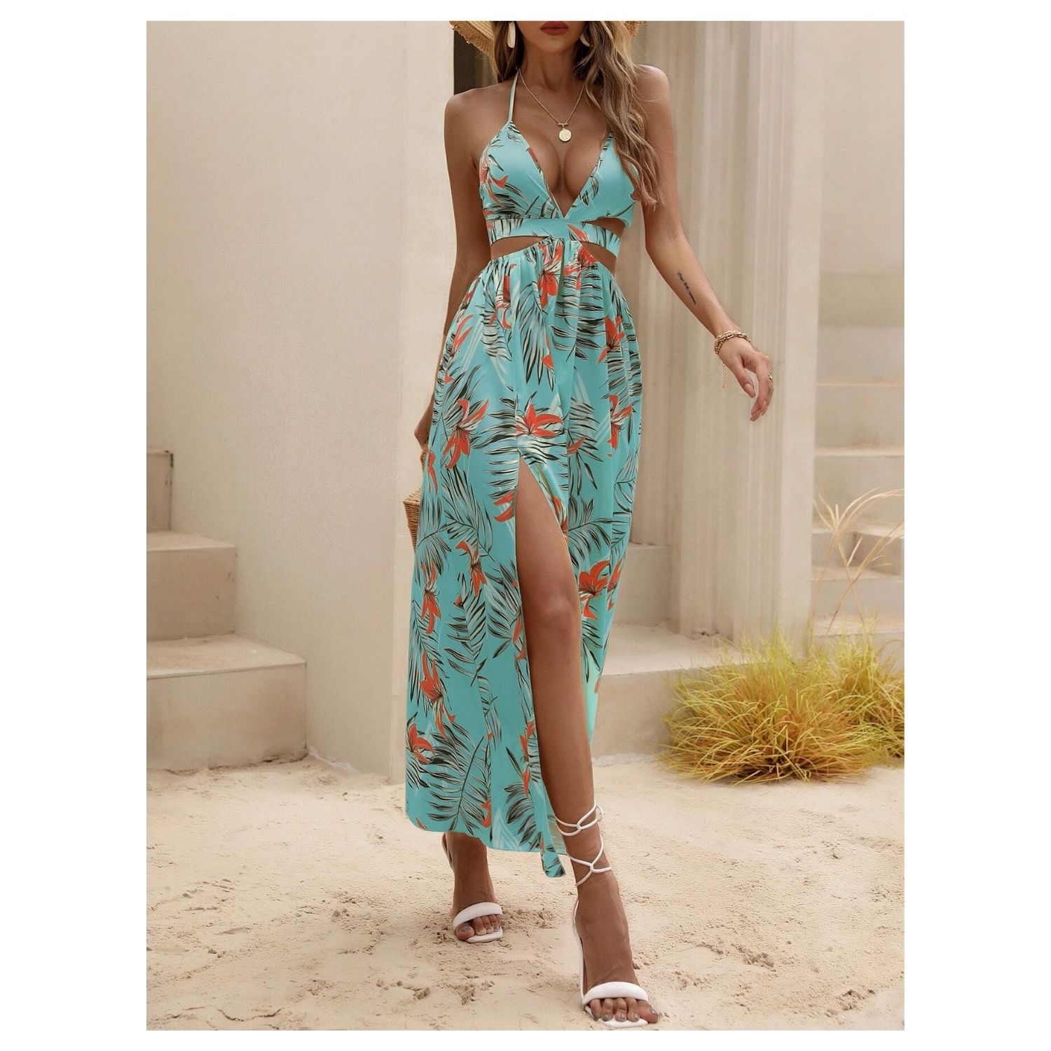 Vestido maxi de chiffon con escote en V y parte superior de encaje Verde Menta