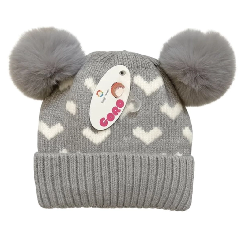 GORRO DE LANA INFANTIL DISEÑO CORAZONES CON CHIPORRO Y POMPONES BEBE UNISEX - 1