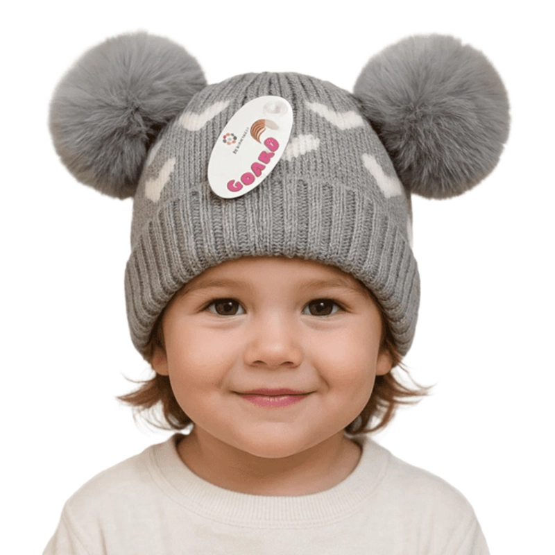 GORRO DE LANA INFANTIL DISEÑO CORAZONES CON CHIPORRO Y POMPONES BEBE UNISEX - 2