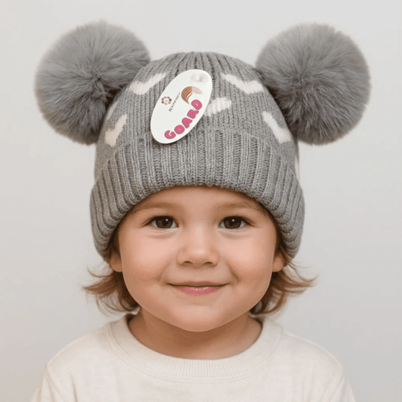 GORRO DE LANA INFANTIL DISEÑO CORAZONES CON CHIPORRO Y POMPONES BEBE UNISEX - 3