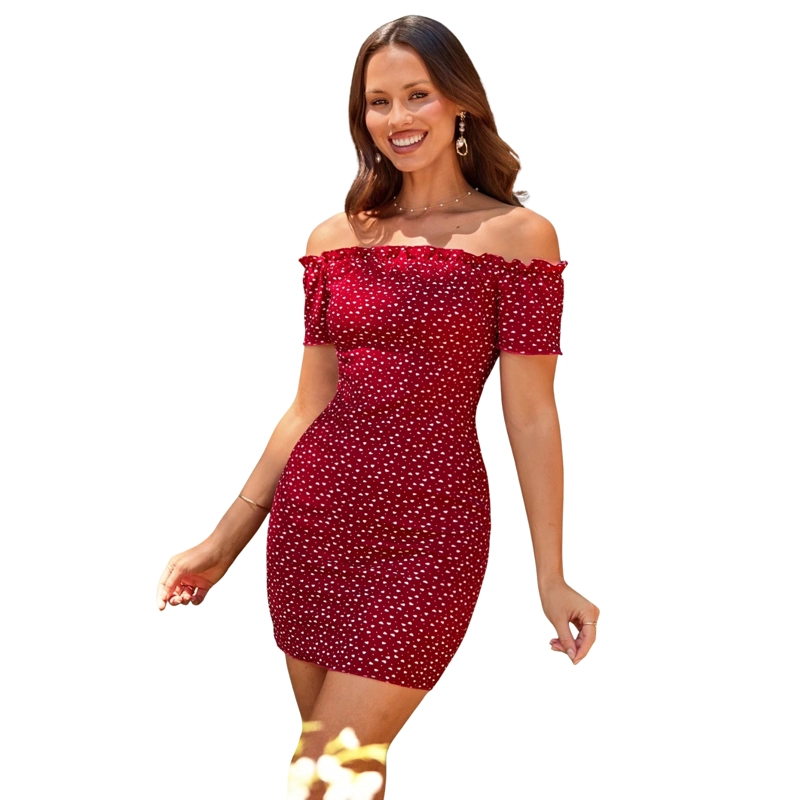 VESTIDO MUJER AJUSTADO CORTO CON VOLANTES HOMBROS DESCUBIERTO - 1