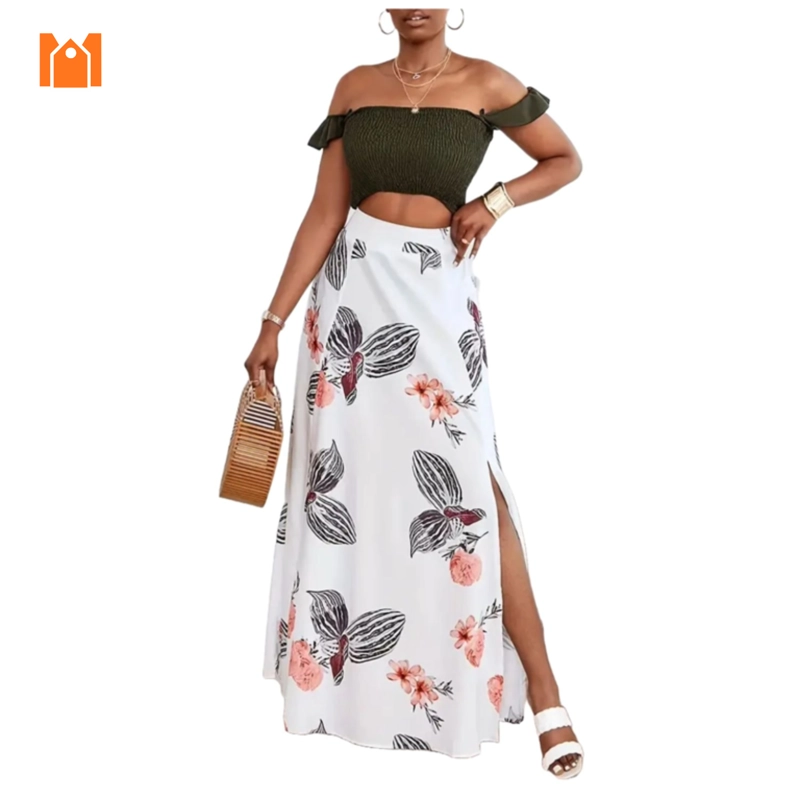 CONJUNTO MUJER BLUSA CROP UNICOLOR Y FALDA ESTAMPADA BOHEMIO - 2