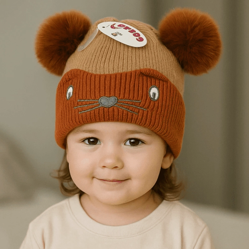 GORRO DE LANA INFANTIL DISEÑO RATON CON CHIPORRO Y POMPONES BEBE UNISEX - 1