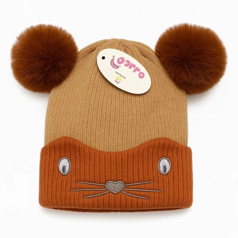 GORRO DE LANA INFANTIL DISEÑO RATON CON CHIPORRO Y POMPONES BEBE UNISEX - 2