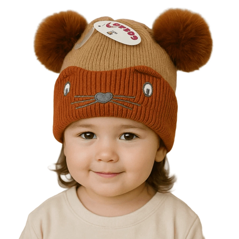 GORRO DE LANA INFANTIL DISEÑO RATON CON CHIPORRO Y POMPONES BEBE UNISEX - 3