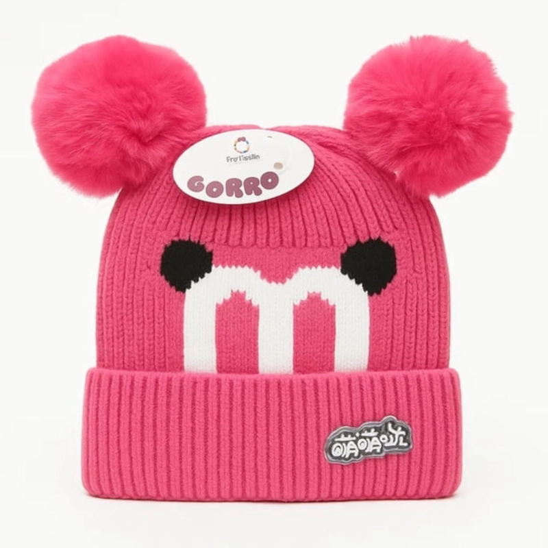 GORRO DE LANA INFANTIL DISEÑO CERDITO CON CHIPORRO Y POMPONES BEBE UNISEX - 1