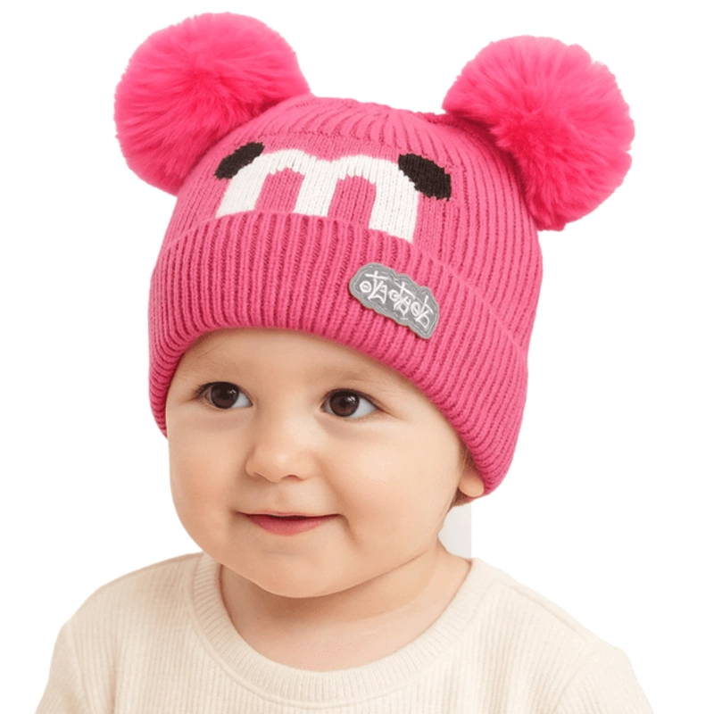 GORRO DE LANA INFANTIL DISEÑO CERDITO CON CHIPORRO Y POMPONES BEBE UNISEX - 2