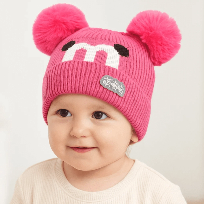 GORRO DE LANA INFANTIL DISEÑO CERDITO CON CHIPORRO Y POMPONES BEBE UNISEX - 3