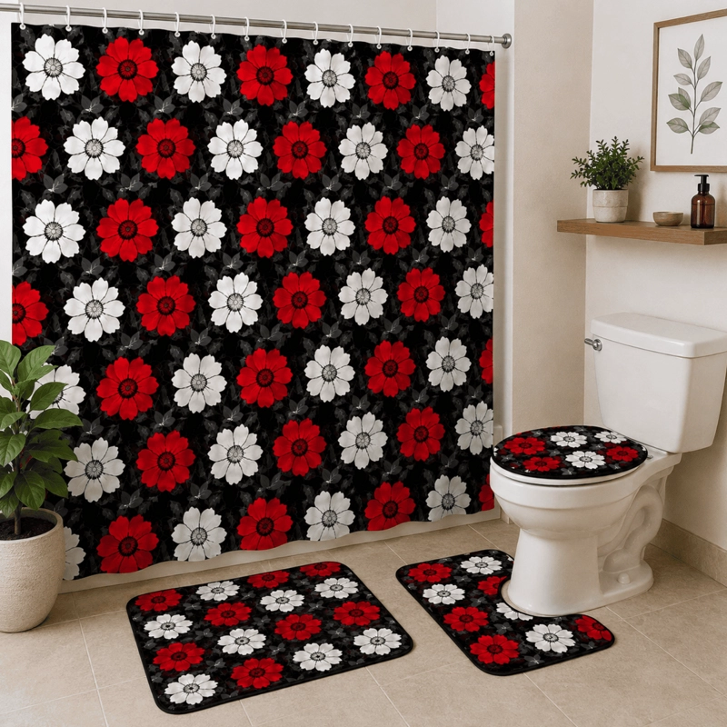 SET JUEGO DE BAÑO 4 PIEZAS CON CORTINA ALFOMBRA Y ACCESORIOS - 1