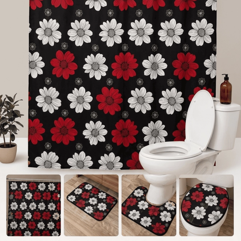 SET JUEGO DE BAÑO 4 PIEZAS CON CORTINA ALFOMBRA Y ACCESORIOS - 6