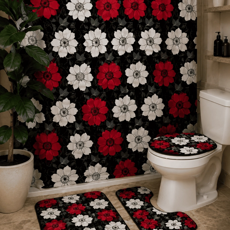 SET JUEGO DE BAÑO 4 PIEZAS CON CORTINA ALFOMBRA Y ACCESORIOS - 7