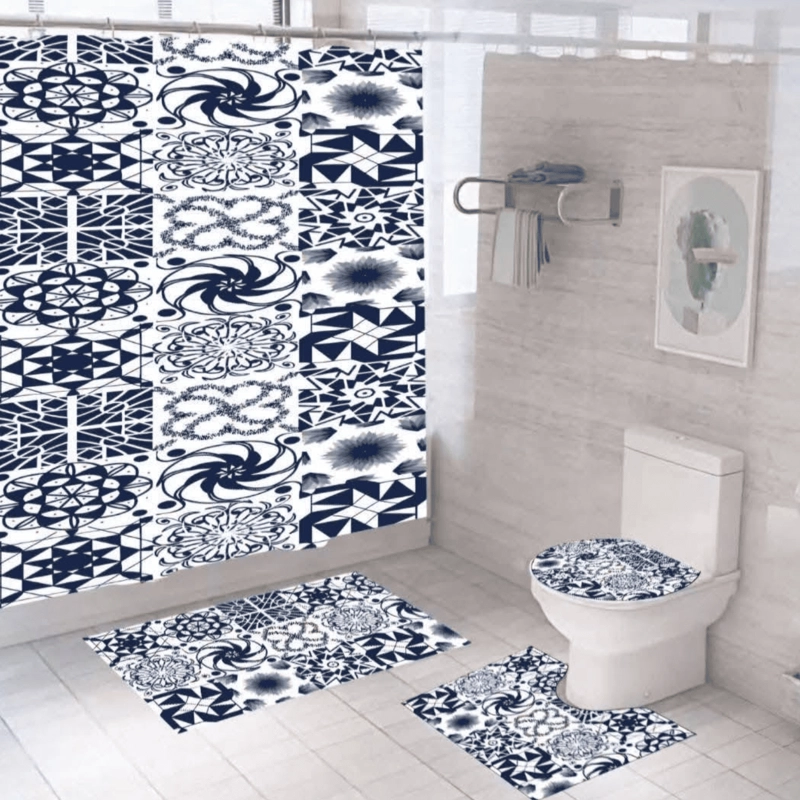 SET JUEGO DE BAÑO 4 PIEZAS CON CORTINA ALFOMBRA Y ACCESORIOS - 1