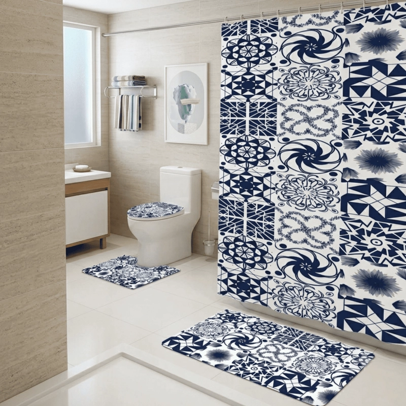 SET JUEGO DE BAÑO 4 PIEZAS CON CORTINA ALFOMBRA Y ACCESORIOS - 5